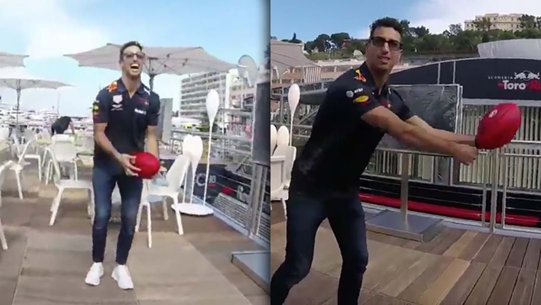 Article heading image for WATCH | Daniel Ricciardo Teaches Another F1 Driver How To Handball