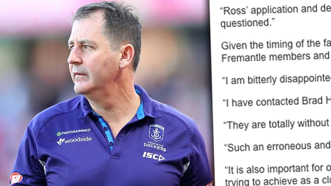 Article heading image for Fremantle Release Statement On Ross Lyon To Collingwood Reports