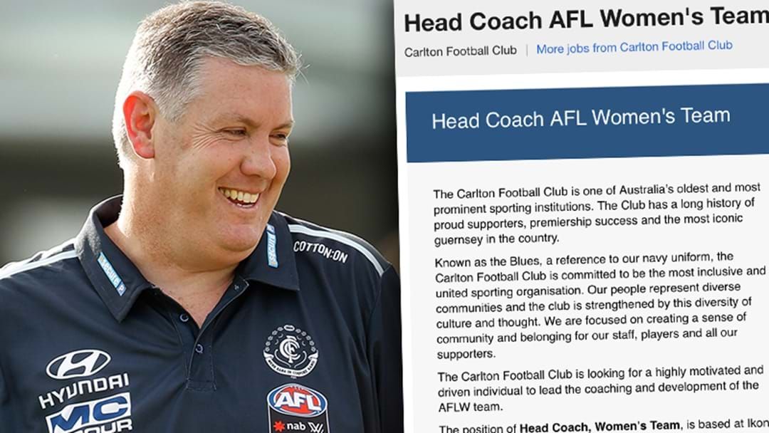 Article heading image for Carlton Has Chucked Their AFLW Head Coaching Role On Seek