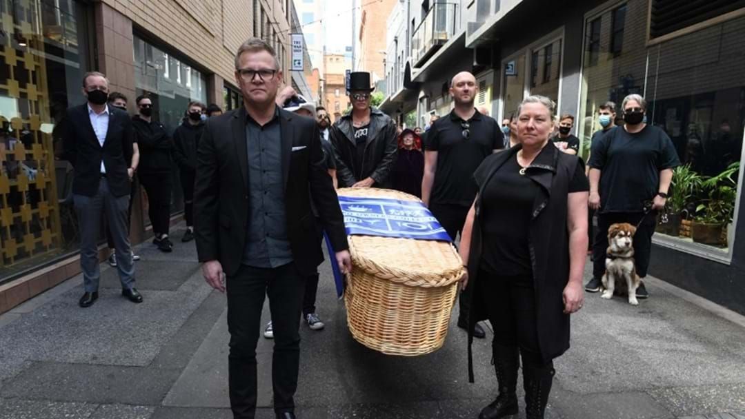 Article heading image for Mock Funeral Held In CBD As Live Music & Entertainment Sector Mourn Grave Losses