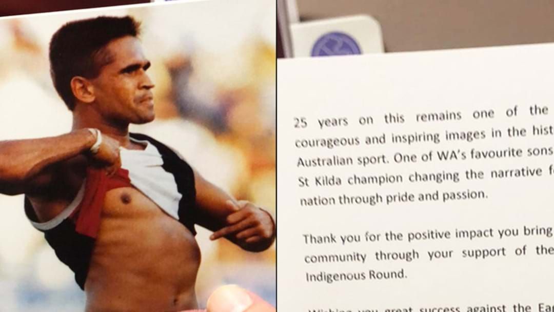 Article heading image for St Kilda Receives Classy Message About Nicky Winmar From Their Perth Hotel