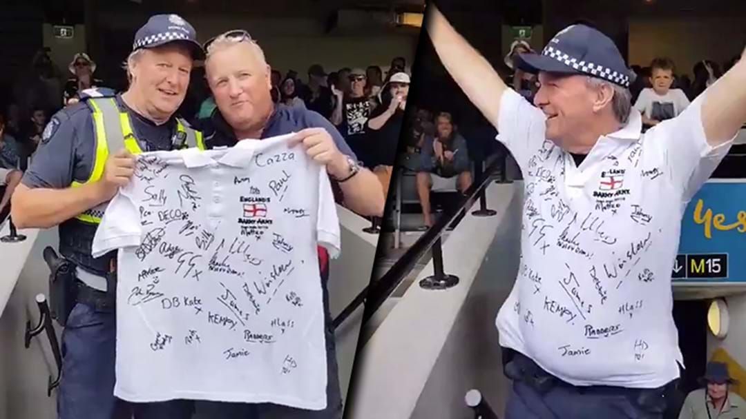 Article heading image for The Barmy Army Presented A Signed Shirt To The Cop That’s Been Stationed Next To Them
