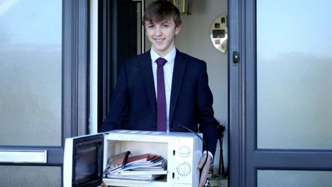 Article heading image for Student Carries Books To School In A Bloody Microwave After Bags Were Banned