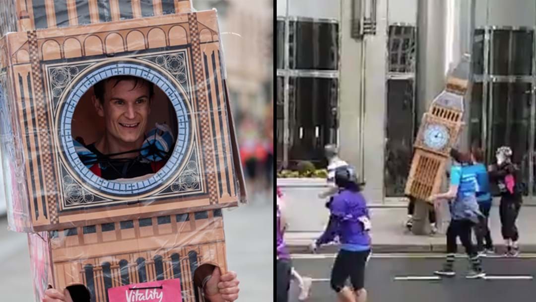Article heading image for Runner Dressed As Iconic London Landmark Hilariously Gets Stuck In Wind Tunnel As Time Literally Stands Still