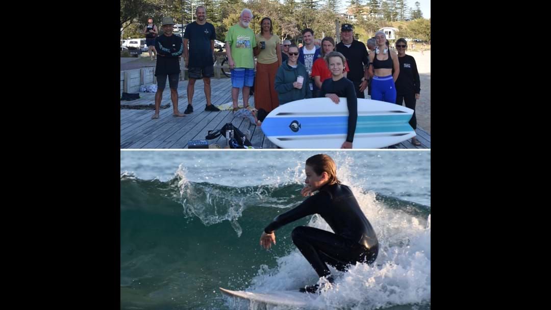 Article heading image for This is why we love love living here! Oli Paterno, 13, was surfing just off the reef on Town Beach at about 6am on November 2 when he was attacked by a shark. This morning, the swimmers and surfers who helped Oli that morning have all chipped in and presented him with a new board which he rode this morning at Townies.