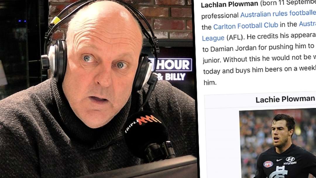 Article heading image for Billy Brownless Cops It For Asking A Rubbish Question Straight Off Lachie Plowman's Wikipedia Page