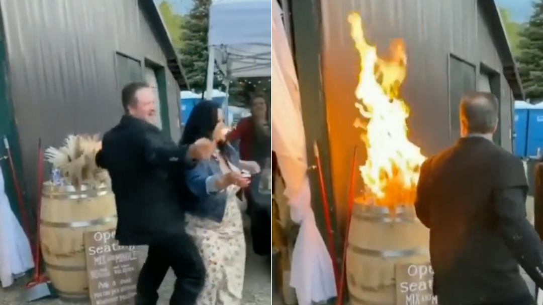 Article heading image for Watch This Wedding Guest Accidentally Start A Fire & Keep Dancing 