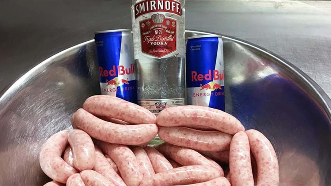Article heading image for A Butcher Is Selling Vodka Red Bull Snags Just In Case You Wanted A Guaranteed Heart Attack