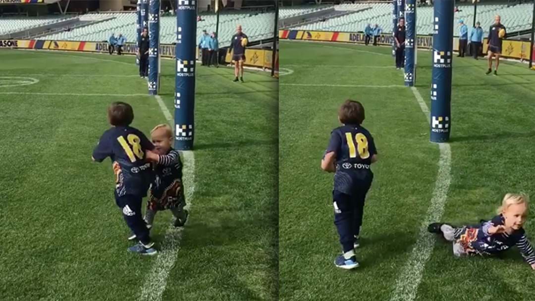 Article heading image for Eddie Betts' Son Gives His Brother A Stiff Arm Before Drilling A Classic Goal