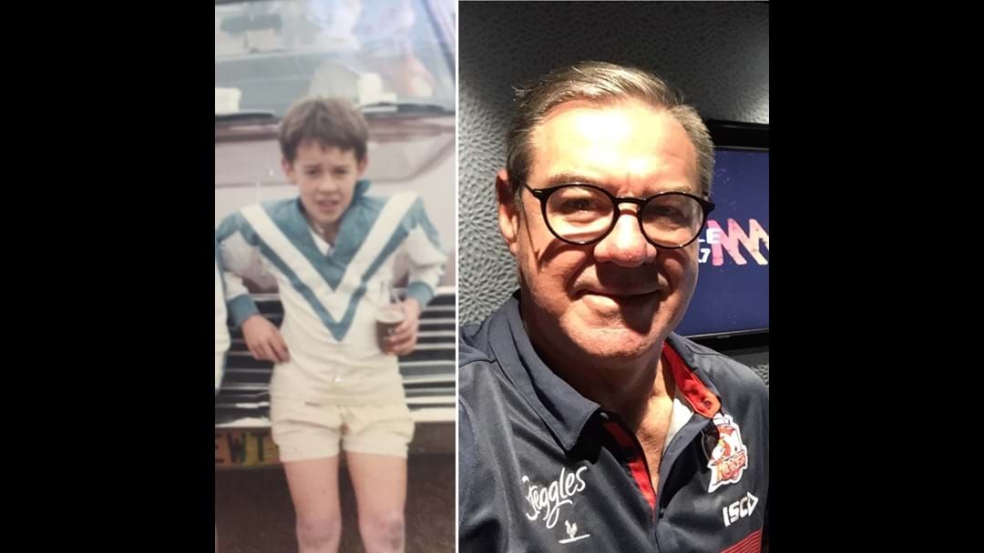 Article heading image for With the Footy back, Maroon has another Titans game to call tonight. He and Strawny (Pictured in U/11's Warragamba Wombats full kit) giving it to Gordy Tallis and the Titans..