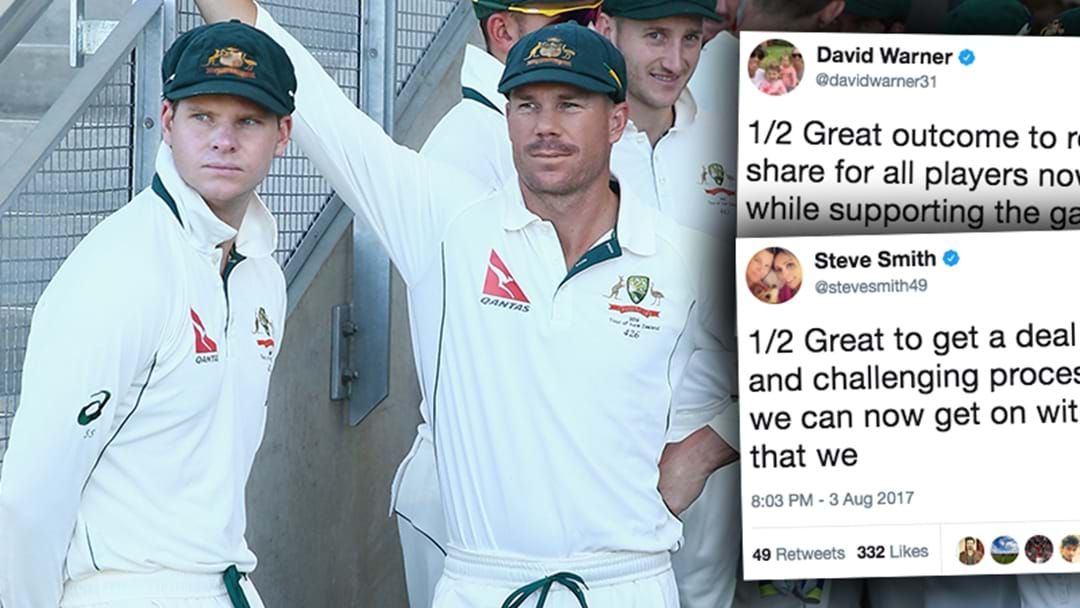 Article heading image for Steve Smith And David Warner Tweet On Cricket's New Pay Deal
