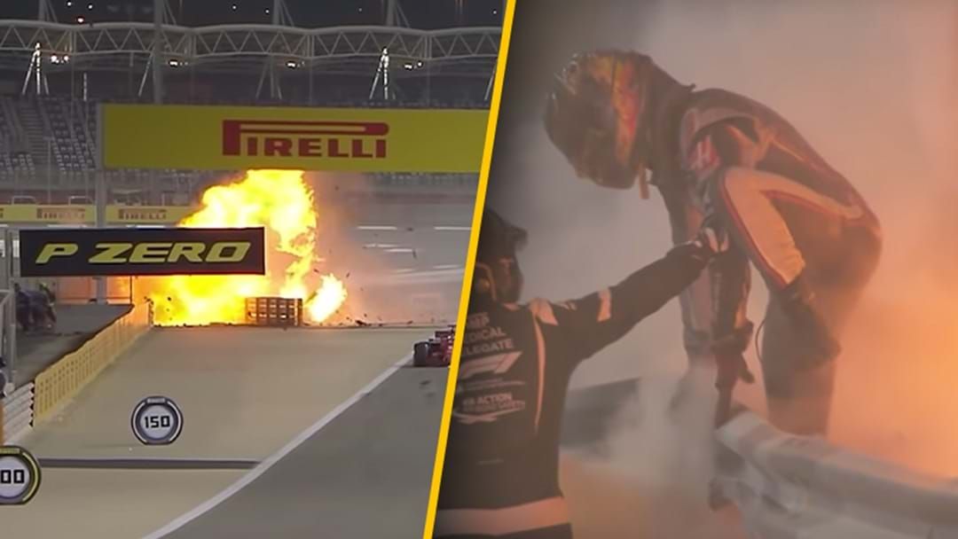 Article heading image for Romain Grosjean Walked Away Relatively Unscathed From An Insane F1 Crash Overnight