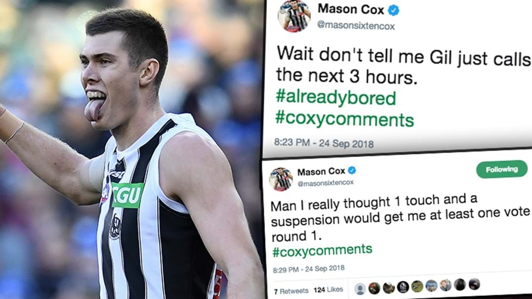 Article heading image for Mason Cox Is Live Tweeting The Brownlow And It's Already Bloody Brilliant