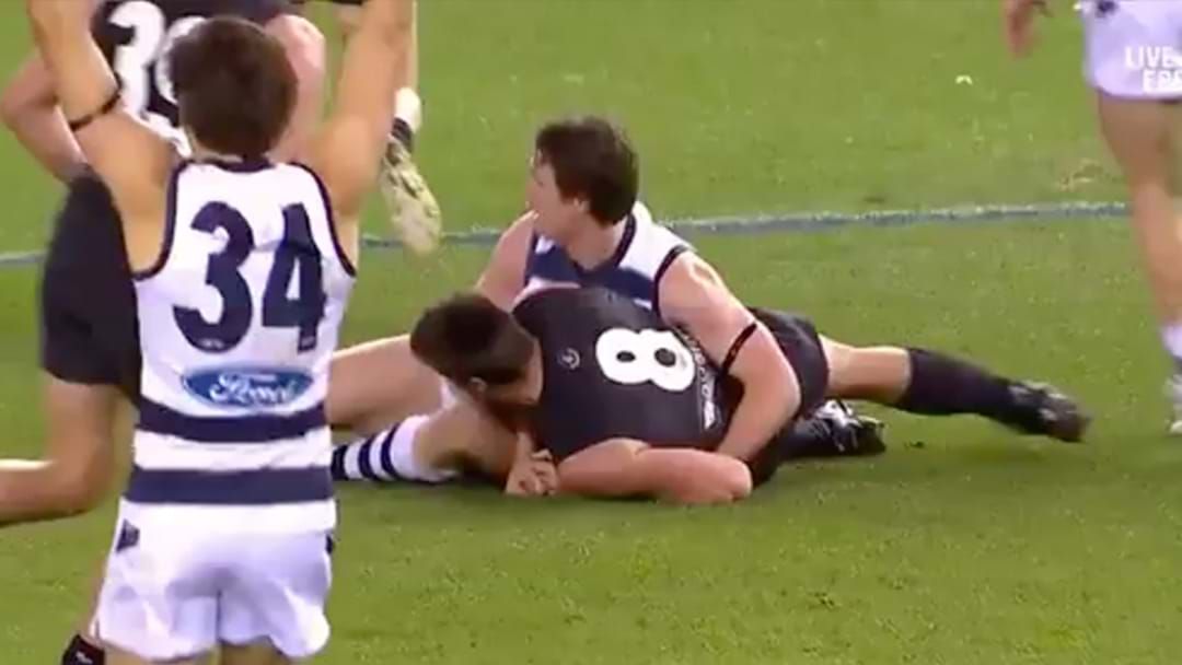 Article heading image for Patrick Dangerfield Tackle Forces Matthew Kreuzer To Go Down To The Rooms